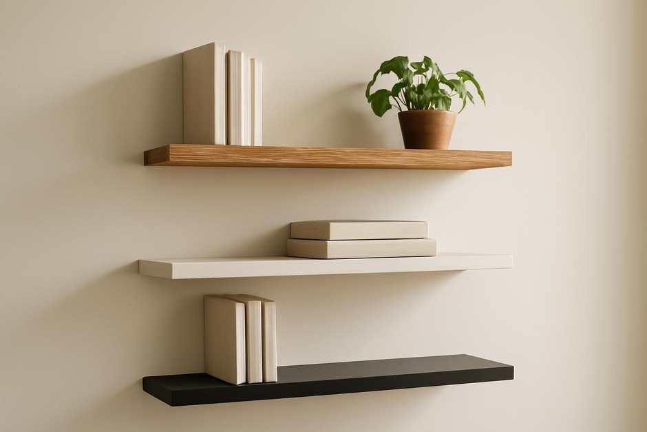 Floating shelves installed on a neutral wall with books and a plant