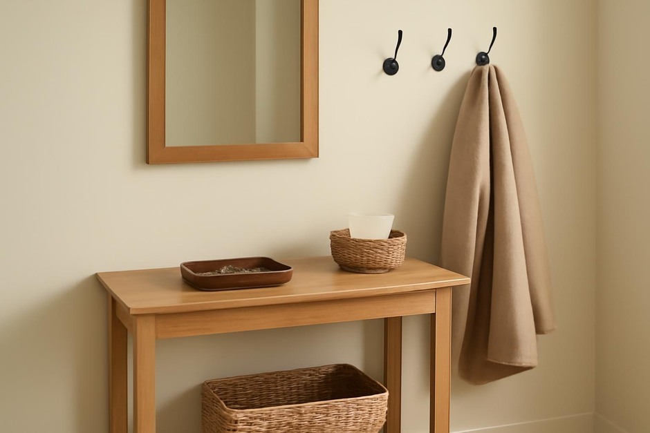 A simple entryway table with a tray for keys, a small basket for mail, and hooks for coats