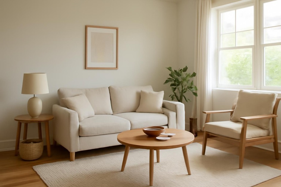 Cozy small living room with natural light and simple furnishings